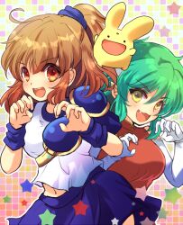  2girls :d arle_nadja armor armored_dress blue_skirt blush breasts brown_eyes brown_hair carbuncle_(puyopuyo) china_dress chinese_clothes claw_pose commentary_request creature crossover draco_centauros dress elbow_gloves fang gloves green_hair half_updo hamaneko29q horns looking_at_viewer madou_monogatari medium_breasts medium_hair midriff_peek multiple_girls navel open_mouth pointy_ears ponytail puyopuyo red_dress shirt short_hair shoulder_armor skirt sleeveless sleeveless_dress smile star_(symbol) white_gloves white_shirt yellow_eyes 