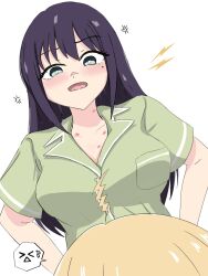  >_< 2girls ahoge anger_vein black_hair blonde_hair blush breast_pocket cho_kaguya-hime! collarbone commentary_request dekke_hayabusa green_eyes green_pajamas hands_on_own_hips hickey highres kaguya_(cho_kaguya-hime!) long_hair looking_at_another mole mole_under_eye multiple_girls open_mouth pajamas pocket sakayori_iroha spoken_expression triangle_mouth upper_body white_background yuri 