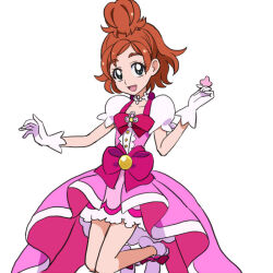  1girl :d ankle_boots boots bow brooch brown_hair buttons choker clover clover_hair_ornament coattails collarbone commentary cosplay cure_flora cure_flora_(cosplay) dress flower flower_brooch flower_choker frilled_sleeves frills gloves go!_princess_precure gold_buttons green_eyes hair_bun hair_flower hair_ornament hand_up haruno_haruka henshin high-low_dress holding holding_clover jewelry legs_up looking_at_viewer magical_girl medium_dress open_mouth parted_bangs petticoat pink_bow pink_dress precure puffy_short_sleeves puffy_sleeves self_cosplay short_hair short_sleeves shuuho_(journey) simple_background single_hair_bun smile solo tailcoat transformation waist_bow waist_brooch white_background white_boots white_gloves 
