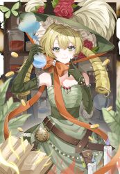  1girl absurdres artist_request bare_shoulders belt belt_pouch blonde_hair blue_fire book book_stack bow brown_belt bug butterfly candle chinstrap closed_mouth coin dress drill_hair elbow_gloves fire flask flower gloves gold_coin green_butterfly green_dress green_eyes green_gloves green_hat hands_up hat hat_feather hat_flower highres long_hair looking_at_viewer low_twintails open_book orange_bow picture_hat plant pocket_watch potion pouch red_flower red_rose reverse:1999 rose round-bottom_flask second-party_source shelf sleeveless sleeveless_dress smile solo sotheby twin_drills twintails upper_body watch 