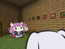  2girls aura_(sousou_no_frieren) chibi commentary creeper crossover demon_girl demon_horns enderman english_commentary frieren game_screenshot_background highres horns impending_doom minecraft mounted_skeleton multiple_girls piglin purple_hair screenshot_background skeleton_(minecraft) sousou_no_frieren superappleman white_hair worried zombie_(minecraft) 