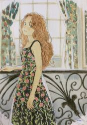  1girl bare_shoulders blush brown_hair dress floral_print green_eyes highres long_hair looking_at_viewer original painting_(medium) print_dress shinomiya_nanase smile solo traditional_media watercolor_(medium) window 