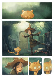  1girl 1other absurdres black_socks breasts brown_hair buttons carrot_(pepper&amp;carrot) cat center_frills covering_own_eyes david_revoy door dress frilled_shirt frills full_body green_shoes green_skirt green_socks green_vest grey_eyes guitar hat highres indoors instrument kneehighs leaf medium_hair mirror one_eye_closed open_mouth orange_cat parted_hair pepper&amp;carrot pepper_(pepper&amp;carrot) red_ribbon ribbon shirt shoes sidelocks skirt socks standing standing_on_one_leg striped_clothes striped_socks teeth treasure_chest tree upper_teeth_only vest white_socks witch_hat wooden_box 