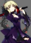  1girl absurdres artoria_pendragon_(fate) bangs black_dress black_ribbon blonde_hair braid closed_mouth commentary_request dark_excalibur dress excalibur_morgan_(fate) fate/grand_order fate/stay_night fate_(series) french_braid from_below gothic_lolita hair_bun highres holding holding_sword holding_weapon juliet_sleeves lolita_fashion long_sleeves looking_at_viewer puffy_sleeves punimuchi ribbon saber_alter sidelocks sword weapon yellow_eyes 