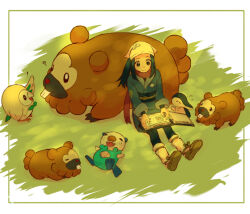  ! 1girl ? akari_(pokemon) alpha_pokemon bidoof black_hair black_sash blue_kimono book brown_sandals buck_teeth closed_eyes closed_mouth commentary_request cyndaquil eyelashes fangs flying_sweatdrops galaxy_team_survey_corps_uniform harinezumi_(user_6283713) headscarf japanese_clothes kimono long_hair long_sleeves lying obi on_back open_book open_mouth oshawott pokedex pokemon pokemon_(creature) pokemon_legends:_arceus red_scarf rowlet sandals sash scarf sidelocks sitting smile socks starter_pokemon_trio teeth white_headscarf white_socks 
