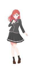  1girl black_jacket black_skirt black_socks blazer blue_eyes bow bowtie brown_shoes clenched_hand collared_shirt full_body half_updo highres jacket kinjou_maika kurumibashi_school_uniform link!_like!_love_live! loafers long_hair long_sleeves looking_at_viewer love_live! love_live!_hasu_no_sora_jogakuin_school_idol_club_bloom_garden_party miniskirt official_art parted_lips pleated_skirt red_bow red_bowtie red_hair school_uniform shirt shoes simple_background skirt socks solo standing transparent_background white_shirt 