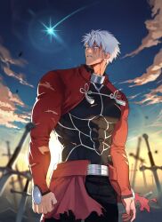  1boy absurdres archer_(fate) commentary_request dark-skinned_male dark_skin fate/stay_night fate_(series) field_of_blades highres korean_commentary male_focus messy_hair multiple_swords multiple_weapons planted planted_sword solo sword too_many_weapons unlimited_blade_works_(reality_marble) useforjustx weapon white_hair 