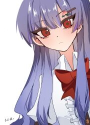  1girl absurdres blue_hair bow bowtie center_frills closed_mouth collared_shirt commentary food-themed_hair_ornament frills hair_ornament heng_(heng798616) highres hinanawi_tenshi long_hair looking_at_viewer missing_headwear peach_hair_ornament red_bow red_bowtie red_eyes shirt simple_background solo touhou untranslatable_commentary white_background white_shirt 