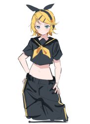  1girl black_bow black_pants black_sailor_collar black_shirt blonde_hair bow expressionless hair_ornament hairclip headset highres kagamine_rin look_4rt looking_at_viewer midriff navel neckerchief pants sailor_collar shirt short_hair simple_background solo vocaloid white_background yellow_neckerchief 