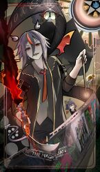  absurdres asymmetrical_bangs bell black_coat blue_hair camila_(vtuber) character_counter_request coat colored_sclera demon demon_horns demon_tail demon_wings evil_neuro-sama film_strip fire hair_between_eyes highres holding holding_wand horns indie_virtual_youtuber j0ker_(vtuber) koko_d._nuts layna_lazar medium_hair necktie neuro-sama original red_eyes red_necktie sharp_teeth shirt standing tail tarot teeth the_magician_(tarot) turtle vedal987 vedal_ai virtual_youtuber wand windsketchy wings 