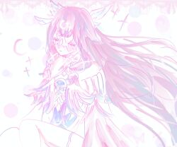  1girl bare_shoulders bow bowtie closed_eyes closed_mouth columbina_(genshin_impact) commentary_request dress eye_mask genshin_impact hair_ornament head_wings highres long_hair mask multiple_wings ribbon solo very_long_hair white_background white_bow wing_hair_ornament wings x-shaped_eyewear yen_0v 