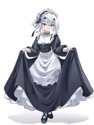  1girl apron black_corset black_dress black_shoes blush breasts commentary_request corset dress fate/grand_order fate_(series) forked_eyebrows full_body highres jewelry long_hair long_sleeves looking_at_viewer maid maid_headdress melusine_(fate) neck_ring open_mouth shoes sidelocks small_breasts smile solo white_apron white_hair yellow_eyes yugusan5 