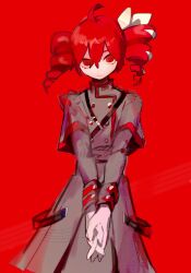  1girl ahoge belt buttons capelet closed_mouth colored_eyebrows dress drill_hair expressionless grey_dress grey_shirt hair_ribbon kasane_teto kasane_teto_(sv) long_sleeves looking_at_viewer own_hands_together pale_skin parted_bangs red_background red_eyes red_hair ribbon shirt shoulder_belt sidelocks solo soumenhiyamugi standing striped_clothes striped_shirt twin_drills utau vertical-striped_clothes vertical-striped_shirt 