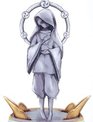  1boy 316_yogurt barefoot blunt_ends closed_eyes closed_mouth clothing_cutout facing_viewer full_body genshin_impact hand_on_own_chest highres japanese_clothes kariginu long_sleeves male_focus mitsudomoe_(shape) pants pelvic_curtain scaramouche_(genshin_impact) scaramouche_(kabukimono)_(genshin_impact) shoulder_cutout solo statue statue_of_the_seven straight-on tomoe_(symbol) veil veil_over_one_eye white_background wide_sleeves 