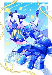  1boy aegiochusmon_blue animal_legs armor aurola030 blue_armor blue_fur blue_mask commentary crop_top digimon digimon_(creature) english_commentary goat_boy goat_legs half_mask highres horns long_hair male_focus mask mechanical_arms mechanical_wings midriff pointy_ears ribbon solo stomach white_hair wings yellow_eyes yellow_ribbon 