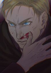  1boy aquiline_nose arm_up black_cloak blonde_hair blood blood_on_face blue_eyes cloak closed_mouth colored_eyelashes commentary_request erwin_smith highres long_sleeves male_focus mochizuki_shishimaru nose nosebleed parted_hair shingeki_no_kyojin short_sideburns sideburns solo thick_eyebrows wiping_nose 