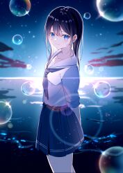  1girl absurdres backlighting black_hair blue_eyes blue_skirt blue_sky bubble closed_mouth clouds commentary_request crying crying_with_eyes_open from_side glint grey_neckerchief highres horizon koohii_mikan long_hair looking_at_viewer looking_to_the_side miniskirt mole mole_under_eye neckerchief night ocean original outdoors pleated_skirt sailor_collar school_uniform serafuku shirt skirt sky solo standing star_(sky) straight_hair tears turning_head water white_sailor_collar white_shirt 