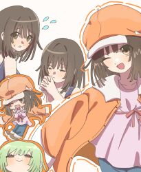  ;d absurdres blue_one-piece_swimsuit brown_eyes brown_hair commentary gagagadaiouda green_hair hat highres interlocked_fingers jacket monogatari_(series) multiple_expressions newsboy_cap one-piece_swimsuit one_eye_closed orange_hat orange_jacket pink_shirt praying sengoku_nadeko shirt simple_background smile swimsuit white_background 