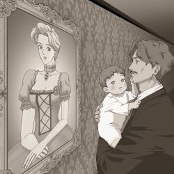  1girl 2boys baby black_suit carrying carrying_baby carrying_person choker dress facial_hair george_joestar greyscale hand_on_another's_cheek hand_on_another's_face hands_on_lap highres jojo_no_kimyou_na_bouken jonathan_joestar mary_joestar monochrome multiple_boys mustache orewadeklteru phantom_blood picture_frame portrait_(object) short_hair suit wavy_hair 