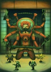  1boy absurdres architecture armor astamon ball_and_chain_(weapon) bandages beelstarmon beelzebumon brass_knuckles character_doll commentary_request covered_mouth digimon digimon_(creature) doll east_asian_architecture extra_arms figure forest fortunemagex gun highres holding holding_gun holding_sword holding_weapon kneeling looking_at_viewer male_focus mask mouth_mask nature one_eye_covered red_eyes red_hair short_hair solo sparrowmon spiked_ball_and_chain sword tools toy tree vulcanusmon weapon 