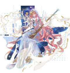  1girl ambience_synesthesia arknights barefoot bird blue_shawl bridal_gauntlets chinese_commentary choker commentary_request disembodied_hand dove dress facial_mark full_body gun halo highres holding holding_gun holding_weapon lemuen_(arknights) lemuen_(requiem_vesperis)_(arknights) long_dress long_hair looking_at_viewer multicolored_halo one_eye_covered pearl_choker pink_eyes pink_hair pink_halo qianliwanli rifle see-through_clothes see-through_veil shawl sitting solo star_(symbol) star_choker teardrop_facial_mark two-tone_halo veil very_long_hair weapon white_dress white_halo 