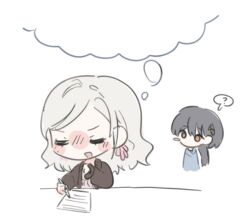  2girls black_hair blue_sweater blush brown_cardigan cardigan ceras_yanagida_lilienfeld ceras_yanagida_lilienfeld_(winter_loungewear) churhami closed_eyes dress edel_note grey_hair hair_ribbon holding holding_pencil imagining katsuragi_izumi katsuragi_izumi_(winter_loungewear) link!_like!_love_live! long_hair love_live! multiple_girls open_cardigan open_clothes open_mouth orange_eyes pencil pink_dress pink_ribbon ribbon speech_bubble sweater thought_bubble virtual_youtuber 