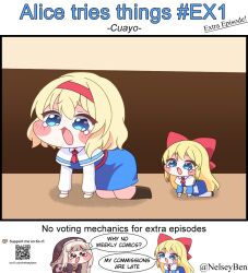  3girls alice_margatroid blonde_hair blue_dress blush bnelsey boots bow brown_boots capelet commentary crossover dress english_commentary english_text hair_bow hairband ko-fi_logo long_hair meme multiple_girls open_mouth qr_code red_bow red_hairband shanghai_doll speaki_(trickcal) speakiposting_(meme) speech_bubble tearing_up touhou trickcal twitter_username very_long_hair white_capelet 