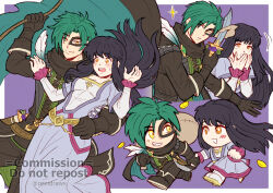 1boy 1girl astrid_(fire_emblem) black_hair black_suit chibi commission commissioner_upload covering_own_mouth dress fire_emblem fire_emblem:_radiant_dawn fire_emblem_heroes green_hair grin gzei hand_over_own_mouth highres holding holding_hands holding_sack looking_to_the_side mask multiple_views non-web_source orange_eyes purple_dress running sack smile sothe_(fire_emblem) sothe_(thief)_(fire_emblem) suit surprised swinging_on_rope vgen_commission yellow_eyes 