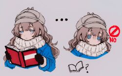  ... 1girl :3 :o ? @_@ black_gloves blue_coat blue_eyes book brown_hair coat commentary gloves grey_background half-closed_eyes hat highres holding holding_book light_blush long_hair marcus_(reverse:1999) multiple_views nerukaiya reverse:1999 scarf sweatdrop upper_body white_scarf 