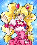  1girl :d bare_arms blonde_hair bow choker collarbone corset cowboy_shot cure_peach earrings fresh_precure! hair_ornament heart heart_earrings heart_hair_ornament highres jewelry long_hair looking_at_viewer magical_girl momozono_love nagaigoz open_mouth pink_bow pink_eyes pink_neckwear pink_skirt precure puffy_sleeves purple_background skirt smile solo sparkle standing twintails wrist_cuffs 