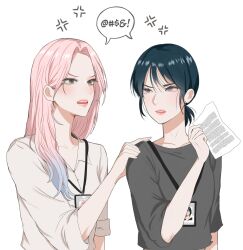  2girls alien_stage angry black_hair black_shirt censored censored_profanity censored_text colored_tips commentary curtained_hair english_commentary green_eyes hand_on_another's_shoulder hand_up highres holding holding_paper lanyard long_hair looking_at_another looking_to_the_side mizi_(alien_stage) multicolored_hair multiple_girls office_lady open_mouth paper pink_hair pink_lips ponytail raimusoft shirt short_hair short_ponytail simple_background speech_bubble straight_hair sua_(alien_stage) three-quarter_sleeves turning_head unfinished v-shaped_eyebrows violet_eyes white_background white_shirt 