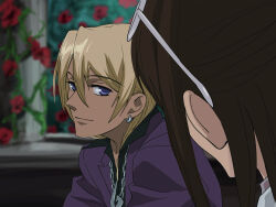  1boy 1girl ace_attorney amikoiiko apollo_justice:_ace_attorney black_shirt blonde_hair blue_eyes brown_hair chain chain_necklace closed_mouth collared_shirt commentary_request dark-skinned_male dark_skin derivative_work drill_hair ema_skye eyewear_on_head floral_background flower grey_shirt half_updo highres jacket jewelry klavier_gavin lab_coat lapels light_smile long_hair long_sleeves looking_at_another mismatched_eyebrows necklace notched_lapels open_collar ouran_high_school_host_club parody pillar plant popped_collar purple_jacket red_flower red_rose rose screenshot_redraw shirt side_drill style_parody suit_jacket sunglasses takahashi_kumiko_(style) vines white-framed_eyewear 