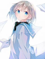  1girl blue_eyes blue_sailor_collar blush commentary_request from_side grey_hair hair_between_eyes idolmaster idolmaster_shiny_colors long_sleeves looking_at_viewer mani_(manidrawings) medium_hair neckerchief parted_lips sailor_collar serizawa_asahi shirt sidelocks simple_background solo turning_head twitter_username white_background white_neckerchief white_shirt 