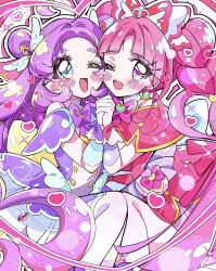  absurdres akechi_anna blush braid braided_twintails brooch capelet cheek-to-cheek commentary_request cure_answer cure_mystique double_bun dress glove_bow glove_ribbon hair_bun hair_ornament heads_together heart heart_brooch highres impossible_hair jewelry kobayashi_mikuru layered_gloves long_hair looking_at_viewer meitantei_precure! mizunonononono one_eye_closed open_mouth pink_capelet pink_dress pink_hair precure purple_capelet purple_dress purple_hair smile thigh-highs twintails very_long_hair white_thighhighs wing_hair_ornament 