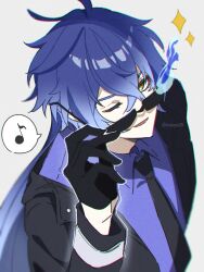  1boy ;d adjusting_eyewear antenna_hair black_gloves black_jacket black_necktie blue_fire blue_hair blue_shirt blurry blurry_background collared_shirt commentary crossed_bangs depth_of_field fire flins_(genshin_impact) genshin_impact gloves gradient_hair hair_between_eyes hand_up highres jacket leaning_forward long_hair long_sleeves looking_at_viewer male_focus multicolored_hair musical_note necktie one_eye_closed open_clothes open_jacket open_mouth shirt simple_background smile solo sparkle speech_bubble spoken_musical_note sunglasses susukeya untranslatable_commentary upper_body very_long_hair white_background wing_collar yellow_eyes 