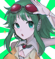  1girl :o bare_shoulders commentary_request eyelashes goggles goggles_on_head green_eyes green_hair gumi headset highres medium_hair open_mouth portrait sidelocks solo two-tone_background user_adfx7525 vocaloid 