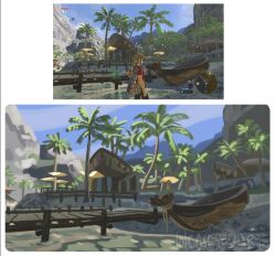  architecture art_study boat border bridge commentary derivative_work english_commentary environment_study in-universe_location link no_humans outdoors painterly palm_tree scenery screenshot_inset screenshot_redraw sky the_legend_of_zelda the_legend_of_zelda:_breath_of_the_wild tree victoria_putinski watercraft watermark white_border 