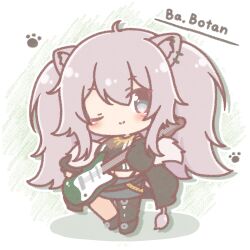  1girl ;) ahoge animal_ear_fluff animal_ears bass_guitar black_boots black_jacket black_pantyhose black_shirt blush_stickers boots chibi closed_mouth colored_shadow commentary_request drop_shadow ear_piercing fur-trimmed_jacket fur_trim grey_eyes grey_hair grey_skirt hair_between_eyes highres holding holding_instrument hololive instrument jacket lion_ears lion_girl lion_tail long_hair long_sleeves mitarashi_neko one_eye_closed open_clothes open_jacket pantyhose piercing puffy_long_sleeves puffy_sleeves shadow shirt shishiro_botan shishiro_botan_(1st_costume) single_leg_pantyhose skirt smile solo standing tail torn_clothes torn_pantyhose two_side_up very_long_hair virtual_youtuber 