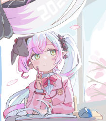  2girls alternate_costume blazer blush book bow bowtie buttons chair cherry_blossoms classroom closed_mouth collared_shirt commentary_request desk eraser falling_petals green_eyes hair_ornament halo holding jacket long_hair long_sleeves looking_to_the_side multicolored_hair multiple_girls notebook on_chair pencil petals pink_bow pink_hair pink_halo pink_jacket pointy_ears princess_connect! red_bow red_bowtie school_desk school_uniform shirt side_ponytail sitting solo_focus tail tia_(princess_connect!) tyaui_(xjju4435) very_long_hair white_hair white_shirt 