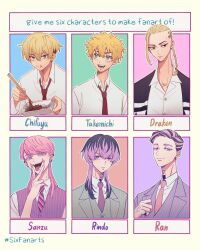  29o52413 6+boys :p aqua_eyes black_eyes black_hair blonde_hair braid braided_ponytail brothers chopsticks collared_shirt colored_eyelashes dragon_tattoo ear_piercing earrings eating empty_eyes green_eyes green_suit hair_between_eyes haitani_ran haitani_rindou hanagaki_takemichi head_tattoo highres holding holding_chopsticks instant_noodles instant_soba jewelry long_hair long_sleeves looking_at_viewer male_focus matsuno_chifuyu medium_hair multicolored_hair multiple_boys multiple_drawing_challenge neck_tattoo necktie open_mouth piercing pill pill_in_mouth pink_hair pink_necktie purple_necktie purple_suit purple_vest red_necktie ring ryuuguuji_ken sanzu_haruchiyo scar scar_on_face scar_on_mouth school_uniform shirt short_hair siblings single_braid single_earring six_fanarts_challenge smile straight_hair streaked_hair striped_clothes striped_necktie suit tattoo tokyo_revengers tongue tongue_out two-tone_hair upper_body v vest violet_eyes white_shirt wolf_cut 