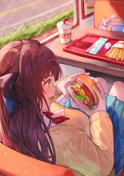  1girl absurdres ao_hoshi backpack bacon bag blue_bag blue_bow blue_skirt bow bowtie bread_bun breasts bright_pupils brown_hair burger charm_(object) cheese collared_shirt commentary_request day drink drinking_straw drooling feet_out_of_frame food food_focus french_fries from_above from_behind hair_bow highres holding holding_food indoors lettuce long_hair looking_down meat medium_breasts nail_polish open_mouth original pickle pink_nails pleated_skirt profile red_bow red_bowtie school_uniform shirt sitting skirt solo sweater_vest tomato tomato_slice tray white_shirt window yellow_eyes yellow_sweater_vest 