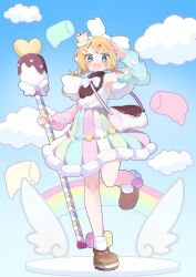  1girl :d alternate_hairstyle arms_up blue_eyes blue_sky blush bow braid brown_shoes clouds commentary_request cup_hair_ornament detached_sleeves dress food-themed_clothes full_body gradient_sky hair_bow hair_ornament hairclip headphones heart heart_hair_ornament holding holding_staff kagamine_rin long_hair looking_at_viewer low_twin_braids mani_(manidrawings) multicolored_dress parallel_hairclips parted_bangs rainbow salute shoes sidelocks sky smile solo staff standing standing_on_one_leg twin_braids twitter_username vocaloid white_bow 