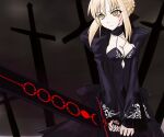 1girl absurdres artoria_pendragon_(fate) bangs black_dress black_ribbon blonde_hair braid closed_mouth commentary_request dark_excalibur dress excalibur_morgan_(fate) fate/grand_order fate/stay_night fate_(series) french_braid from_below gothic_lolita hair_bun highres holding holding_sword holding_weapon juliet_sleeves lolita_fashion long_sleeves looking_at_viewer puffy_sleeves qreo ribbon saber_alter sidelocks sword weapon yellow_eyes 