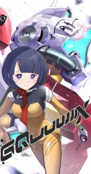  1girl assault_visor black_hair blue_visor bob_cut bodysuit breasts earth_federation earth_federation_space_forces gelgoog_(gquuuuuux) green_visor gundam gundam_gquuuuuux helmet highres holding holding_unworn_helmet kenko_(a143016) large_breasts looking_at_viewer mecha mecha_pilot_suit mobile_suit normal_suit_(gundam) robot science_fiction shiiko_sugai short_hair smile solo unworn_headwear unworn_helmet yellow_bodysuit 