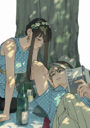  1boy 1girl absurdres arm_support bare_shoulders black_hair black_pantyhose blonde_hair blue_dress blue_eyes blue_shirt book bottle closed_mouth collarbone cup dress earrings feet_out_of_frame flower_hairband glasses gold_earrings hat highres holding holding_book jewelry leaning_forward long_hair looking_at_another looking_up lying on_back outdoors p_notninjin pantyhose parted_lips polka_dot polka_dot_dress polka_dot_shirt red_eyes shirt short_hair sidelocks sleeveless sleeveless_dress smile spy_x_family tree twilight_(spy_x_family) twitter_username under_tree yor_briar 