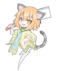  1girl animal_ears cat_ears cat_girl cat_tail commentary_request dress emil_chronicle_online fang from_side ghost_girl ghost_tail green_dress grey_tail hand_fan hand_on_own_hip harisen holding holding_paper nekomata_yamabuki open_mouth orange_eyes orange_hair paper sazin913 solo striped_tail tail white_background 