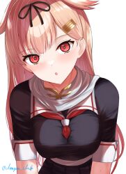  1girl :o alternate_breast_size_(larger) blonde_hair breasts commentary_request dangan_kurabu hair_flaps hair_ornament hair_ribbon hairclip highres kantai_collection light_blush long_hair looking_at_viewer neckerchief open_mouth pleated_skirt red_eyes red_neckerchief ribbon sailor_collar sailor_shirt scarf shirt short_sleeves skirt solo upper_body yuudachi_(kancolle) yuudachi_kai_ni_(kancolle) 