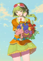  1girl belt blue_belt blue_flower blue_rose bouquet clover collar commentary eyewear_on_head falling_petals flower four-leaf_clover front_slit gem green_eyes green_hair gumi headphones highres holding holding_bouquet holding_own_hair layered_skirt leaf long_sleeves medium_hair open_mouth orange_shirt petals pink_flower red-framed_eyewear red_flower red_rose rose shi_rushi shirt skirt sky solo thighs vocaloid yellow_flower 