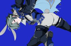  1boy ahoge armor ass ass_focus belt belt_collar black_belt black_boots black_gloves blue_background blue_hair blue_shirt boots c_ixxp choker coat collar collared_shirt earrings from_below genshin_impact gloves hair_between_eyes highres jewelry lohen_(genshin_impact) long_sleeves looking_at_viewer male_focus mole mole_under_eye multicolored_eyes pants rabbit rabbit_tail shirt shoulder_armor signature smile tail thigh_strap twitter_username 