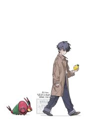  1boy aged_down antennae berry_(pokemon) black_hair black_pants brown_coat bug closed_mouth coat colored_sclera commentary corbeau_(pokemon) food fruit grepa_berry highres holding holding_food holding_fruit kitsune_(ly_howe) long_sleeves open_clothes pants pokemon pokemon_(creature) pokemon_legends:_z-a shirt shoes short_hair simple_background untranslatable_commentary venipede walking white_background white_shirt yellow_eyes yellow_sclera 